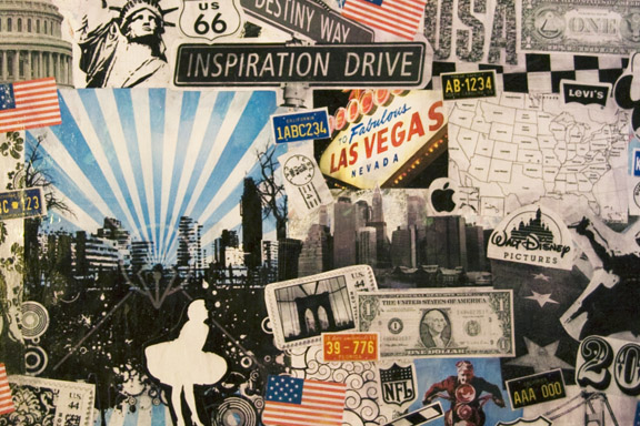 Udsnit af collage med masser af grafiske elementer lavet til veninde forud for USA tur i 2010. Fotograf: Susanne Randers