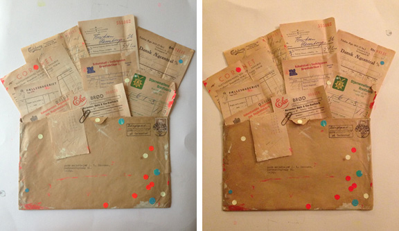 Den færdige collage: Kuvert med regnskabsbilag fra 1950'erne med moderne dots og malerklatter. Fotograf: Susanne Randers