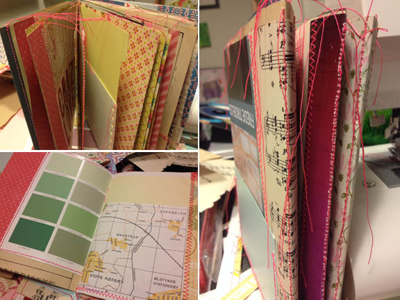 Min første "Book of Scraps" / "Smashbook". Nyt og gammelt papir syet sammen med neon pink sytråd. Fototgraf: Susanne Randers