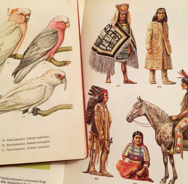365 moodboards i 2014. Moodboard #30: Genbrugsguld, bøger: Inka kakaduer studerer indianer klædedragter. Smashup. Fotograf: Susanne Randers