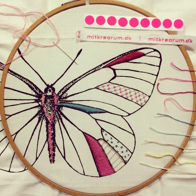 365 mood boards in 2014. Mood board #47: Creating together and a new start with a beautiful butterfly embroidery. Smashup. Instagram filter Valencia. Photographer: Susanne Randers