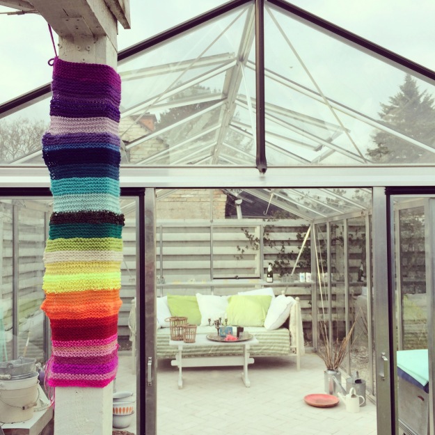 365 mood boards in 2014. Mood board #111: Our garden: Greenhouse, spring cleaning and rainbow yarnbombing. Instagram filter Valencia. Photographer: Susanne Randers